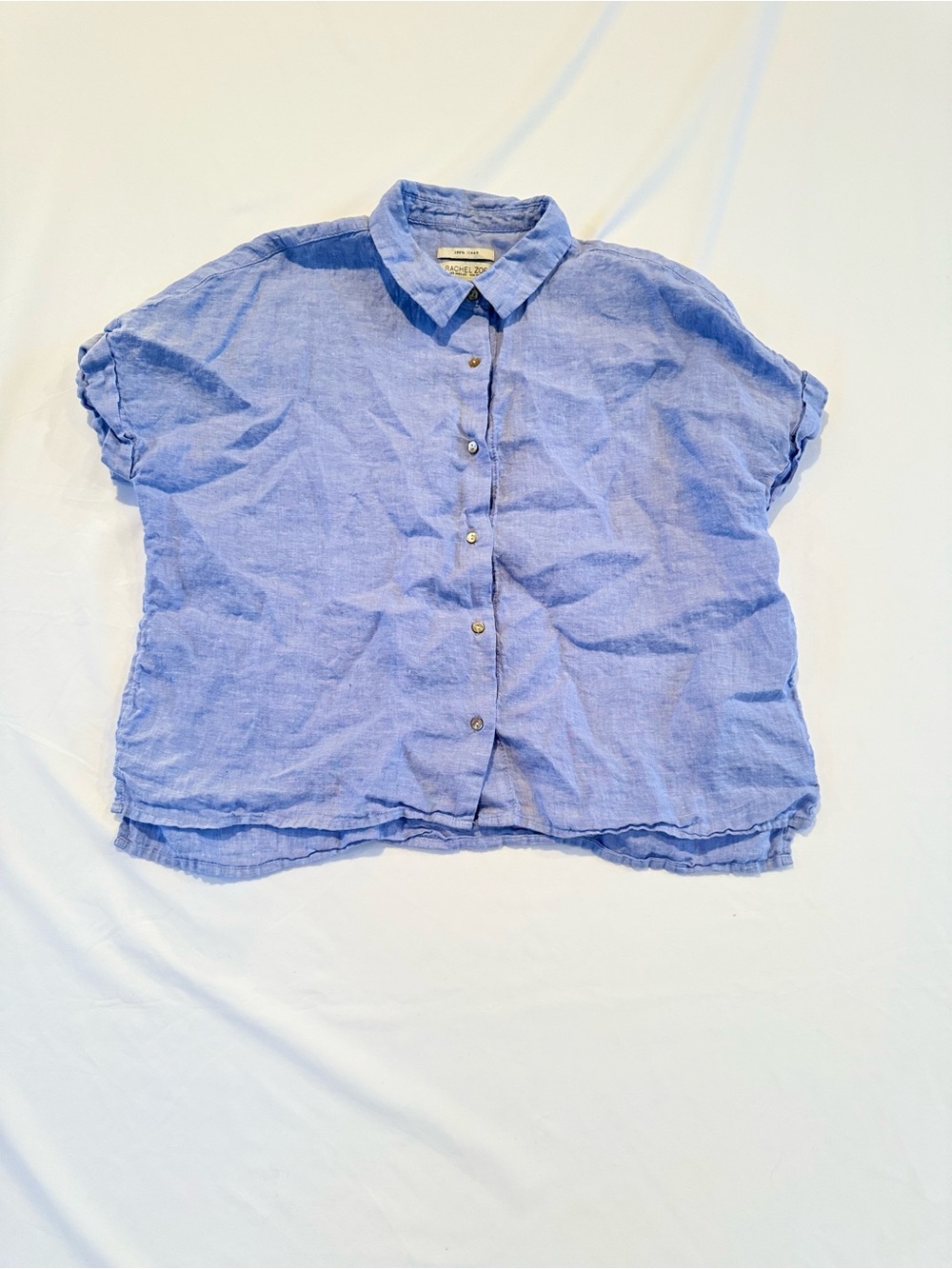 Rachel Zoe 100% Linen Cropped Boxy Button Down Womens XL Blue Resort Coastal